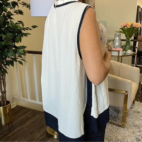 Rena Lange Fashion Show Vintage Silk Cream Blue Sleeveless Floral Embroidered XL - Picture 4 of 17